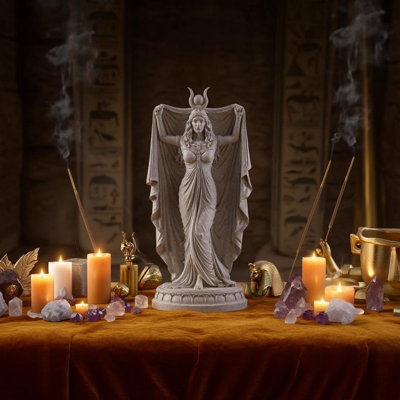 Peut inclure: Une statue en pierre grise repr&eacute;sentant une silhouette debout v&ecirc;tue d'une longue robe drap&eacute;e avec une coiffe en croissant de lune, pos&eacute;e sur un tissu en velours avec des bougies allum&eacute;es, de l'encens fumant et des cristaux d'am&eacute;thyste.