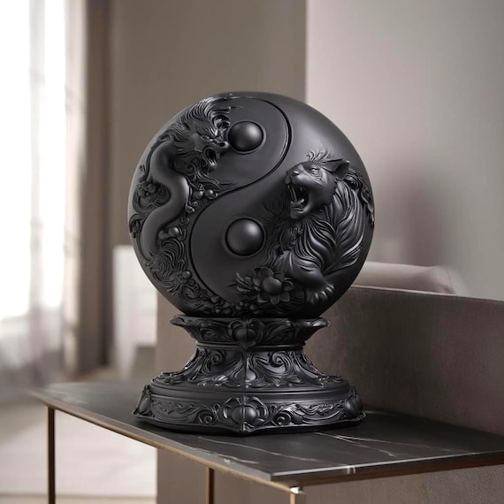Yin Yang Dragon Tiger Statue, Feng Shui Decor, Taoist Balance Sculpture, Eastern Mythology Home Altar Art