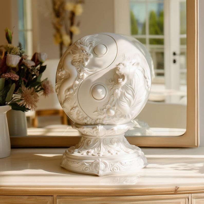 Peut inclure: Une sculpture sph&eacute;rique blanche pr&eacute;sentant un relief repr&eacute;sentant un dragon et un tigre dispos&eacute;s en motif yin-yang. L'objet est mont&eacute; sur un socle d&eacute;coratif orn&eacute; avec des d&eacute;tails sculpt&eacute;s complexes et une finition mate et lisse.
