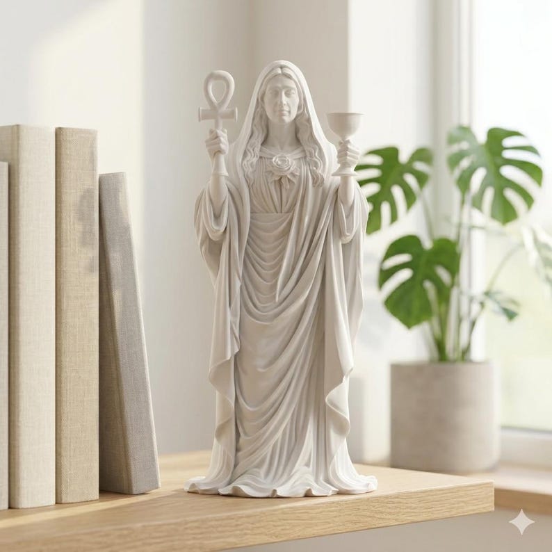 May include: A white statue of a robed figure holding an ankh and a chalice. The statue has long hair and a rose on the chest. The statue is on a wooden shelf with books to the left and a potted plant in the background.