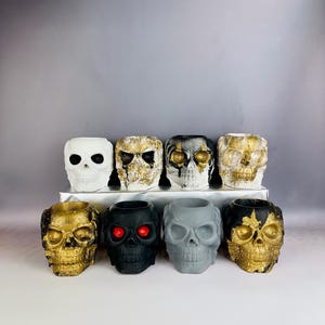 May include: Eight decorative skull planters in various colors, including white, black, gray, and gold. Some skulls have gold accents and red eyes.