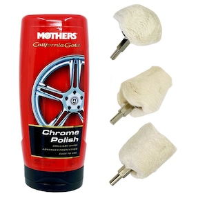 May include: A red bottle of Mothers California Gold Chrome Polish with a silver wheel on the label. The bottle is next to three white cotton buffing pads with silver metal shafts.