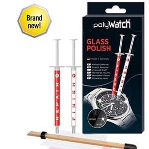 May include: A product package for Polywatch glass polish. The package includes two syringes labeled "REPAIR" and "FINISH", a wooden applicator, and cleaning cloths. The box features a watch graphic and the words "GLASS POLISH".