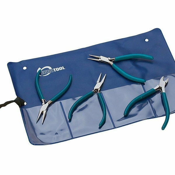 Slim Line Pliers 4 pc Set of Chain Nose, Flat Nose, Round Nose, & Side-Cutters with a Teal PVC Grip Handles