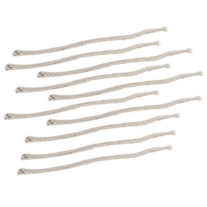 May include: A collection of ten gray, braided wicks, each with a frayed end. The wicks are arranged diagonally against a white background. The wicks appear to be made of a soft, absorbent material.