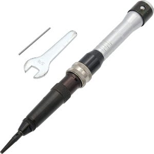 May include: A silver and black rotary tool with a pointed tip, a silver wrench, and a small metal rod. The tool has a silver handle and a black body with textured grips. The wrench is marked with "5/16".