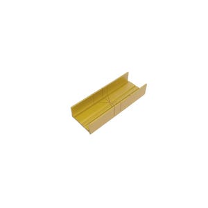 May include: A gold-colored miter box for cutting wood at precise angles. The box has a series of slots for different angles.
