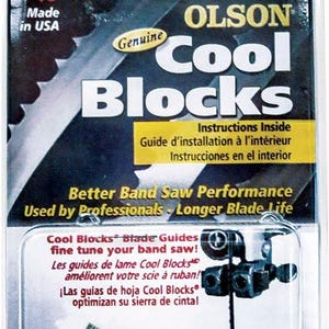 May include: Package of Olson Cool Blocks blade guides for Delta 14" (35.5 cm) band saws. The package includes the text "Made in USA" and "Genuine Cool Blocks." The product promises better band saw performance and longer blade life. The package also includes three green blocks.