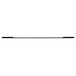 May include: A black jigsaw blade with a series of sharp teeth along one edge. The blade is designed for cutting curves and intricate shapes in wood or other materials. The blade is a tool used in woodworking and crafts.