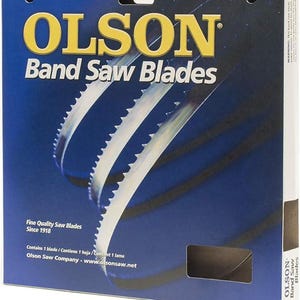 May include: A package of Olson Band Saw Blades. The box is blue with yellow text that reads "OLSON Band Saw Blades." The image shows the saw blades with their sharp teeth. The text "Fine Quality Saw Blades Since 1918" is also visible.