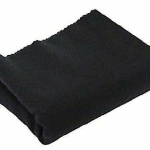May include: A folded, black, rectangular microfiber cloth. The cloth is made of a soft, plush material and is folded in half. The edges of the cloth are slightly frayed.