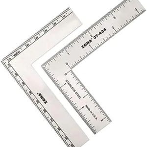May include: Two clear plastic right angle rulers with black markings. The larger ruler has a 12-inch scale and the smaller ruler has a 3-inch scale. Both rulers have the word "ZONA" printed on them.