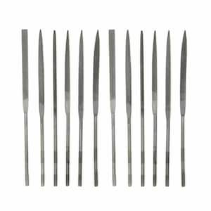 Może przedstawiać: Zestaw 14 srebrnych metalowych pilników igłowych, wszystkie o tej samej długości, ułożonych w rzędzie na białym tle.