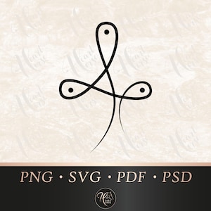 May include: A black and white line art design of a stylised knot with three loops and three dots.
