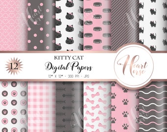 May include: A set of 12 digital papers with a cat theme. The patterns include hearts, polka dots, cat faces, cat food bowls, paw prints, gingham, fish bones, bows, and wavy lines. The colour scheme is pink, grey, and white. Each paper is 30.48 cm x 30.48 cm.