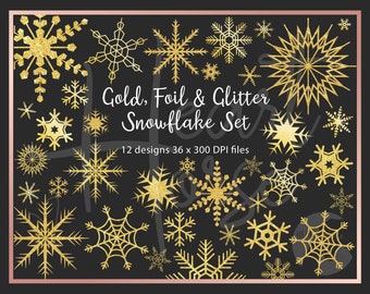 Gold snowflakes clip art set, gold glitter, gold foil, golden snowflakes, christmas clipart, winter decor, instant download