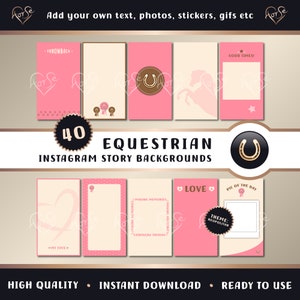 Puede incluir: 40 fondos de pantalla de Instagram para contenido con temática ecuestre. Los fondos de pantalla son de color rosa, crema y dorado con herraduras, corazones y cintas. Los textos "THROWBACK", "GOOD TIMES", "LOVE", "MY FAVE", "MAKING MEMORIES", "PIC OF THE DAY" y "THEME: NEOPOLITAN" están incluidos en los fondos de pantalla.