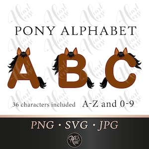 Pony alphabet, horse lettering, nursery alphabet, horse font, equestrian letters, horse cut file - 36 files