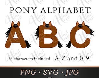 May include: Brown letters A, B, and C from the "Pony Alphabet" set. Each letter is designed with a horse's head and mane. The image includes the text "PONY ALPHABET" and "36 characters included A-Z and 0-9".