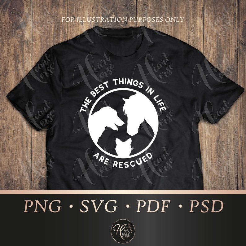May include: Black t-shirt with a white circle graphic that says "The Best Things In Life Are Rescued". Inside the circle are silhouettes of a horse, dog, and cat.