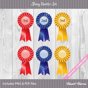 Puede incluir: Conjunto de seis rosetas imprimibles en rojo, azul y amarillo con ribetes dorados. Las rosetas tienen las palabras "1º", "2º" y "3º" impresas en ellas.