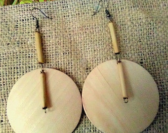 XXLarge Bamboo Drop Earrings with Maple Circular Wooden Beads. Wooden Earrings with Bamboo Tubes