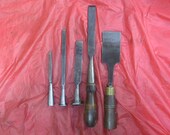 Five Mortising Chisels. Antique and Vintage. 1 4 quot , 1 2 quot , (2) 1 quot , and 2 quot . Buck Brothers, Crossman, Globe, Witherby.