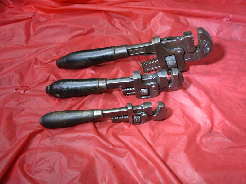 8 and One Marked Germany Oswego Tool Co. Antique Tools Antique Wrenches. and 10 G.T.D Corp. 6 Stillson Type Pipe Wrenches