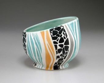 Handmade Porcelain Dessert Bowl with Graphic Decoration