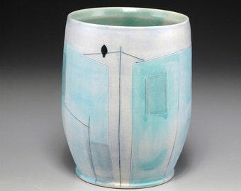 Handmade Porcelain Tumbler with Bird on a Wire Motif