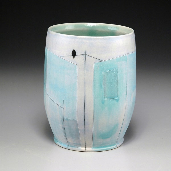 Handmade Porcelain Tumbler with Bird on a Wire Motif