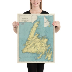 Vintage Newfoundland Island Map (1924) Old Canadian Province Atlas Poster