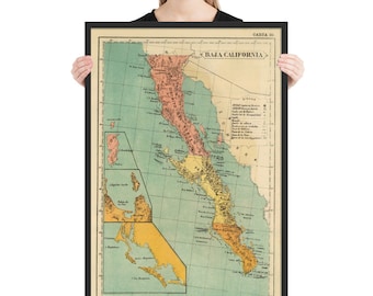 Alte kalifornische Baja Karte (1899) Vintage Baja California Halbinsel Atlas gerahmtes Poster