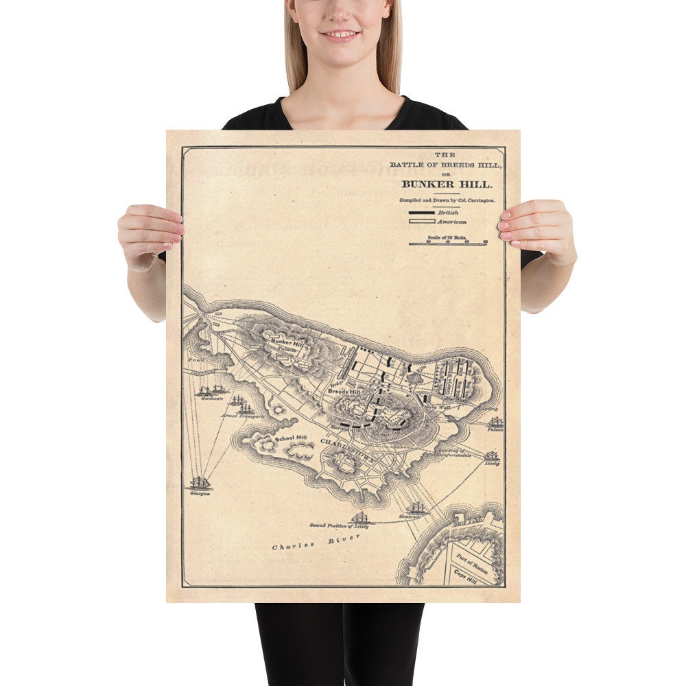 Old Battle of Bunker Hill Map (1881) Vintage Charlestown MA Revolutionary War Atlas Poster