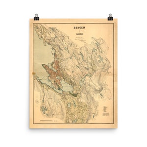 Old Bergen Norway Map (1907) Vintage Norwegian City Environs Atlas Poster