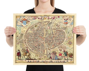 May include: A vintage map of Paris, France, with detailed streets and landmarks. The map is surrounded by a decorative border and includes a title in French.