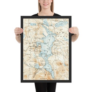 Mapa Old Lake Sunapee NH (1902) Atlas vintage do reservatório de New Hampshire Pôster emoldurado