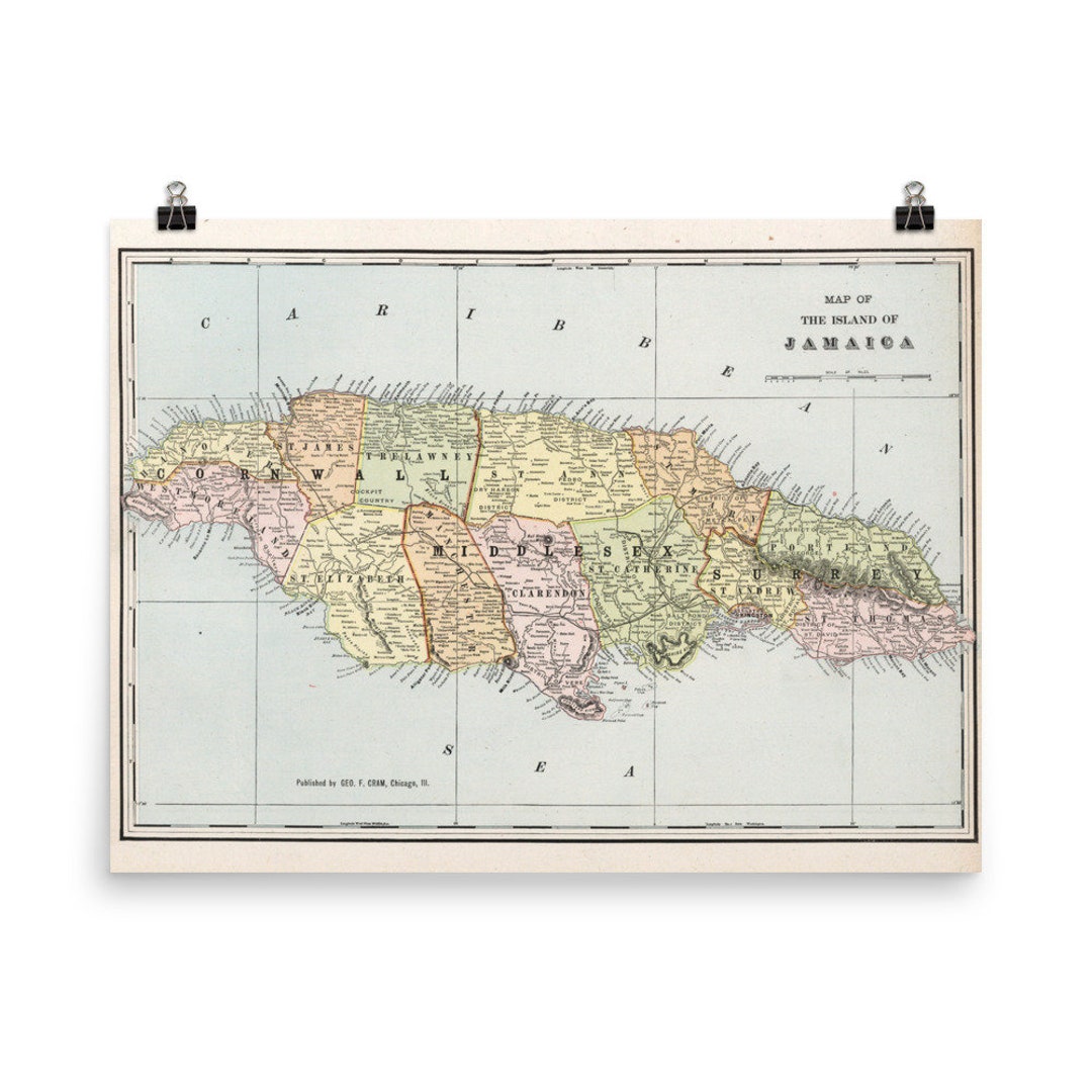 1901年 e F Cram 「JAMAICA」アンティーク 地図 Old antique map of Jamaica by J. Lattré. | Sanderus Antique Maps