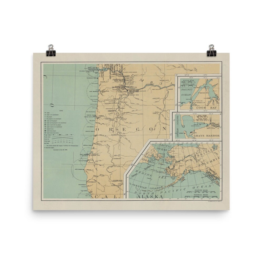 Oregon Coast Lighthouses Map Old Oregon Coast Lighthouse Map 1898 Vintage Nautical Or | Etsy New Zealand