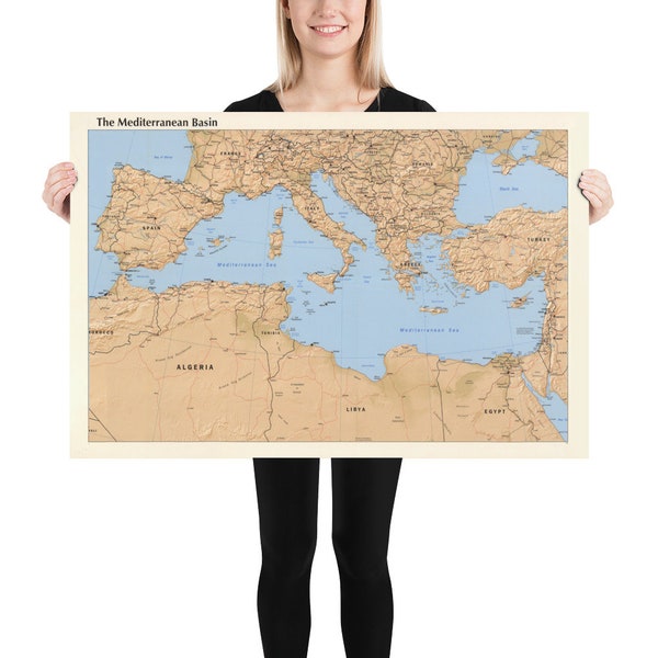 Mediterranean Sea Map (1998) Southern Europe & Northern Africa Atlas Poster