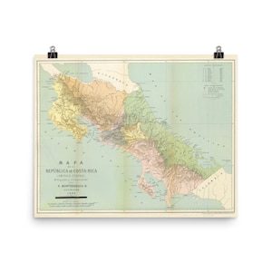 Old Costa Rica Carte (1889) Vintage Latin America Country Atlas Poster
