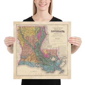 Alte Louisiana Geologie Karte (1882) Vintage Bayou State Geological Land Features Atlas Poster