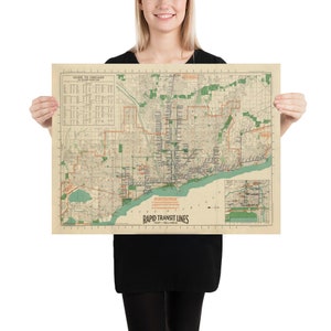 Pôster Mapa ferroviário antigo de Chicago L (1926) Vintage Windy City Illinois Rapid Transit Atlas