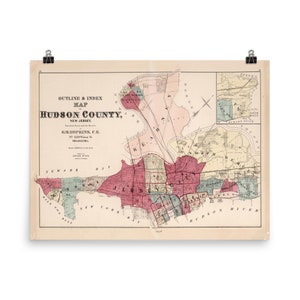 Hudson County NJ kaart (1873) oude New Jersey provincies Atlas poster