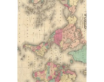 ヴィンテージの世界地図タペストリー（1860年）カラフルな旅行