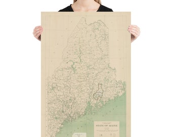 Old Map of Maine (1856) Vintage Vacationland State Atlas Poster