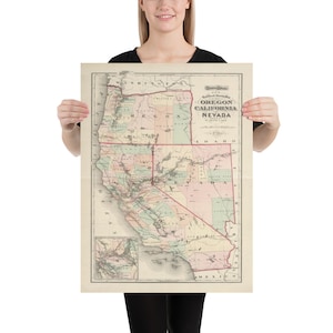 Old California, Oregon & Nevada Kaart (1874) Vintage Western US States Atlas Poster
