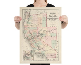 Old California, Oregon & Nevada Map (1874) Vintage Western US States Atlas Poster