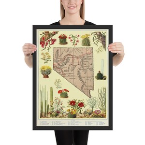 Vintage Nevada Karte (1920) Kaktus und Sukkulente Illustrativ Atlas gerahmtes Plakat