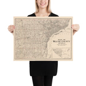 Old Wayne County MI Map (1915) Vintage Detroit Michigan Area Atlas Poster